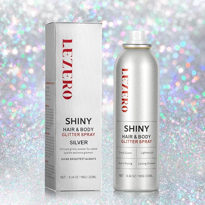 Hair and Body Glitter Spray for Women Kids, 6.34OZ Large Capacity Original Temporary Shimmery Glitter Spray for Festival Rave Outfits Accessories, Singer Concert, Wedding Season, Rainbow Silver
