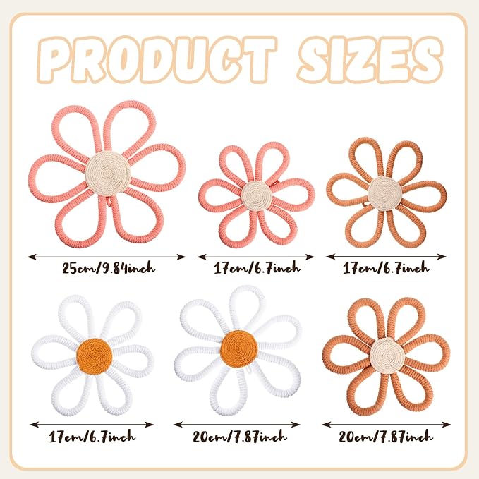 Barydat 6 Pcs Boho Nursery Decor Daisy Flower Woven Macrame Wall Hanging 3 Size Daisy Flower Wall Decor Bohemian Nursery Decorations for Home Dorm Art(Pink, Brown, White)