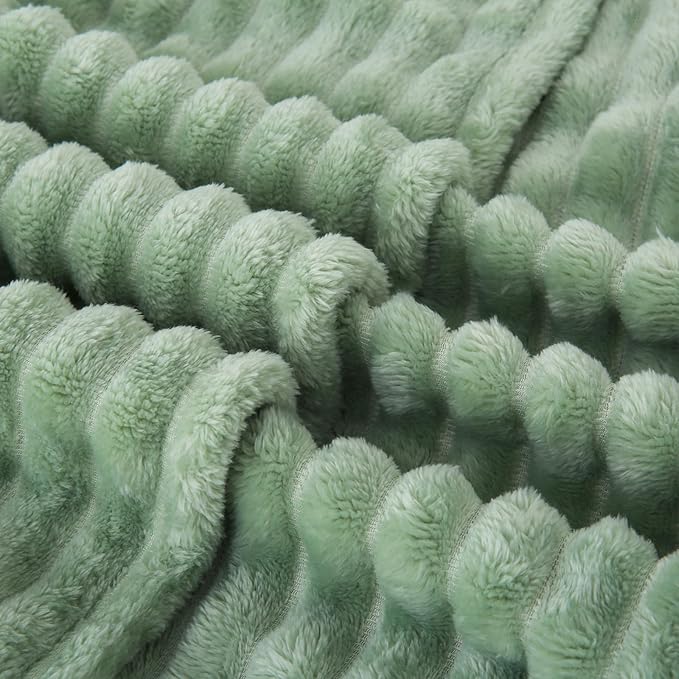 Sage Green Fleece Throw Blanket 50”×70” for Couch Sofa Livingroom | Super Soft Cozy Plush Microfiber Flannel Bed Blanket Striped Design Lightweight Home Decor Gifts for Adults Mom Women