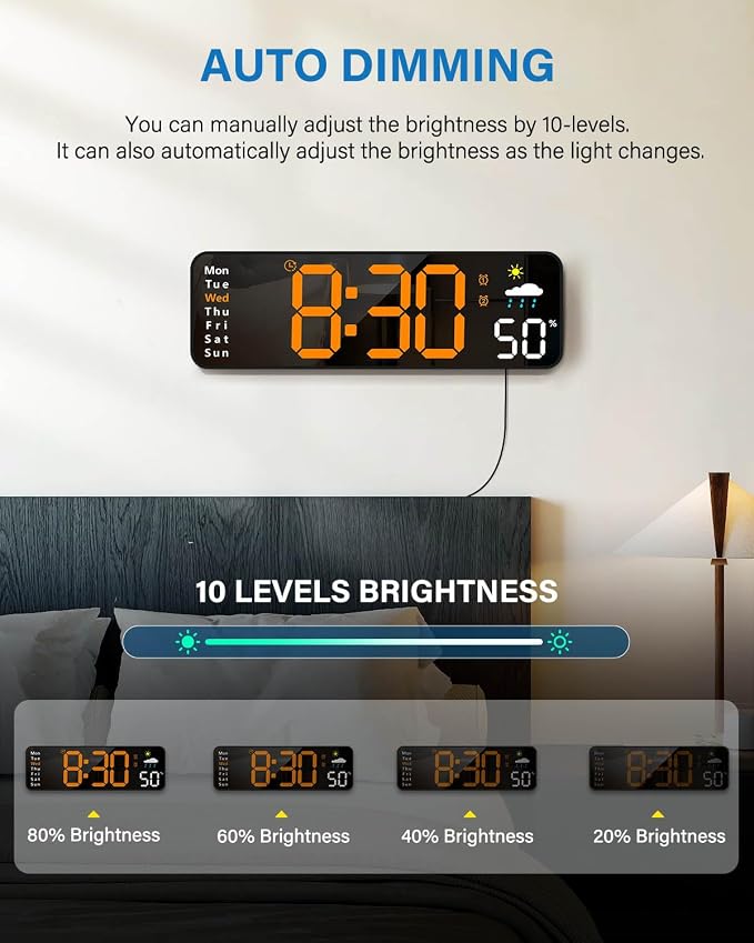 Digital Wall Clock, Digital Clock Large Display with Remote Control, Corded LED Alarm Clocks with Date, Week, Temp, Humidity, Auto DST, Countdown, for Living Room Bedroom Classroom Office (Orange)