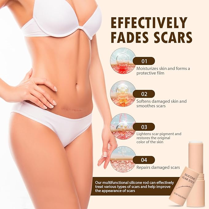 Scar Solutions Silicone Scar Stick, 60% Silicone for Face and Body Skin, Lightweight & Easy to Apply, Natural Ingredients Gentle on All Skin Types, Stick Applicator Manual Massage Suitable-2PCS