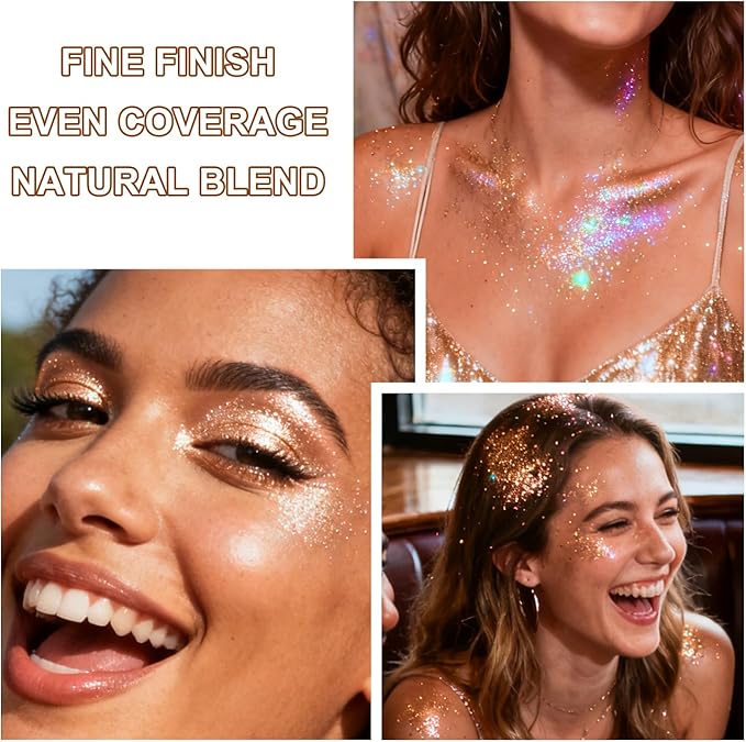 Roll-on Holographic Body Glitter Gel for Face and Hair, Chameleon Color Changing Glitter Gel Under Light, Chunky Mermaid Sequins Festival Party Rave Accessories Body Shimmer Makeup (Champagne)