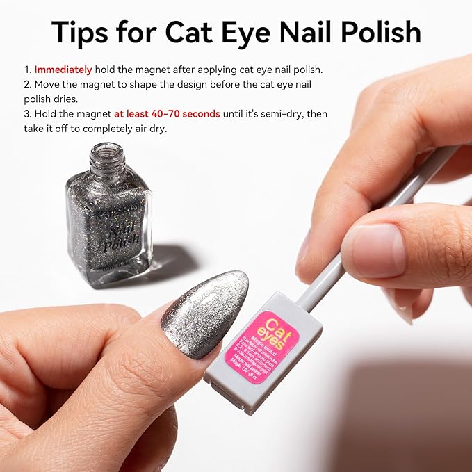 Nail Polish Set 6 Colors Black White Silver Gray Sparkle Cat Eye Glitter Shimmer Nail Polish Kit with Magnet, Quick Air Dry Non Gel, Nail Art DIY Home Travel Manicure Gift for Women Girls
