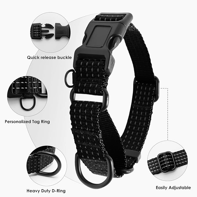 Martingale Dog Collar, Reflective No Pull with Buckle, Black, S