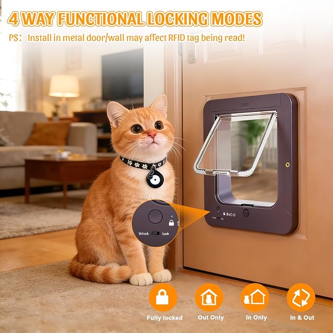 Smart Cat Door with 4 Collar Sensor Key, RFID Cat Door Collar Activated with Remote Control, 4 Way Locking Cat Flap Automatic Pet Door Interior & Exterior(Brown)
