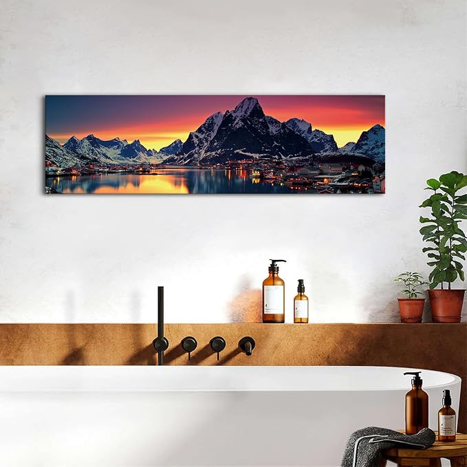 AREBOLO Sunset Mountain Canvas Wall Art Lake Landscape Pictures Nature Wall Decor Snowy Mountains Painting Sunrise Village Scenery Poster Prints Artwork for Living Room Office Home Decorations 14x48”