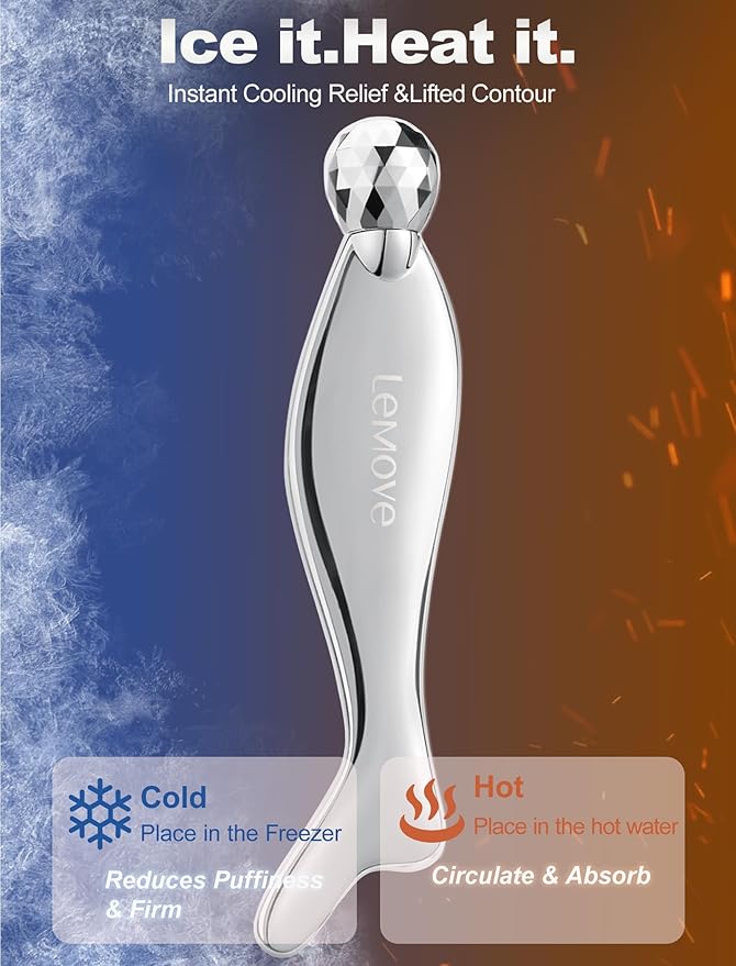 Lemove 4-in-1 Gua Sha Facial Tools, Facial Roller, Skin Care Roller with Stainless Steel, Face Ice Roller to Reduce Puffiness & Eye Strain, Relieved Facial Tension, Gift for Women and Men-Silver