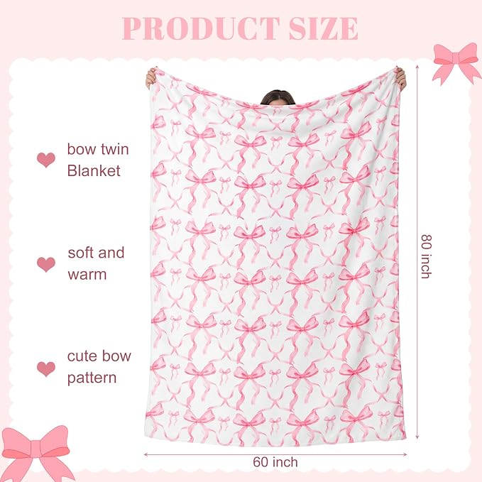Pink Bow Throw Blanket 60"x80" Soft Flannel for Girls Women | Coquette Aesthetic Decor with Ruffled Edges, Ultra Plush Bed Sofa Blanket, Preppy Gift for Teens, Back to School Dorm Room