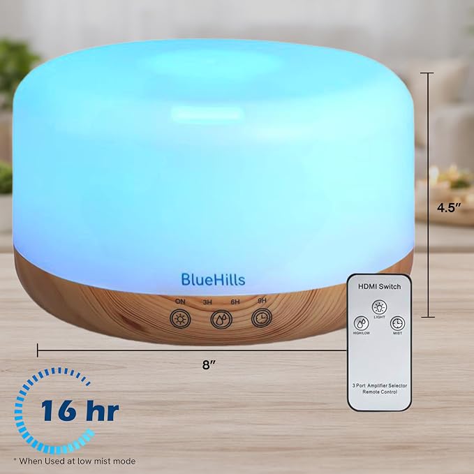 BlueHills Premium 1000 ML XL Essential Oil Diffuser Aromatherapy Humidifier with Remote Timer for Large Room Home 18 Hour Run Huge Coverage Area 1 Liter Mood Light Extra Large Capacity Wood Grain D004