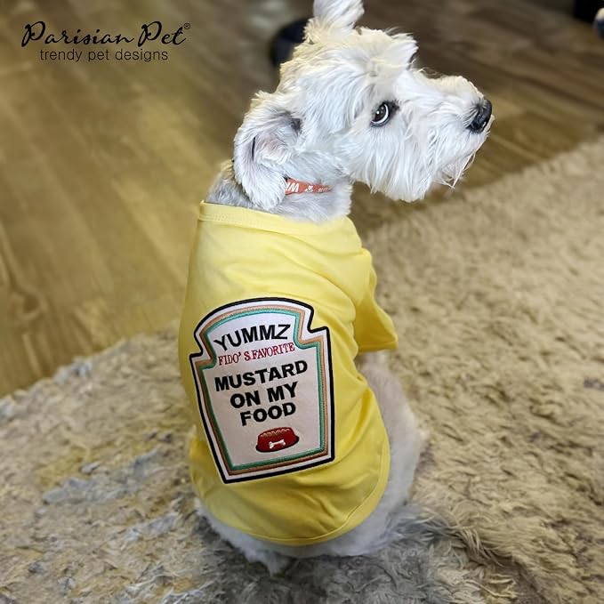 Parisian Pet Dog Costume - 100% Cotton Yellow Dog Clothes for Small Dogs - Lightweight Puppy Outfits - Funny Chihuahua Clothes - Sleeved Mustard Shirt for Dogs - Stretchy and Stylish Pet Costume