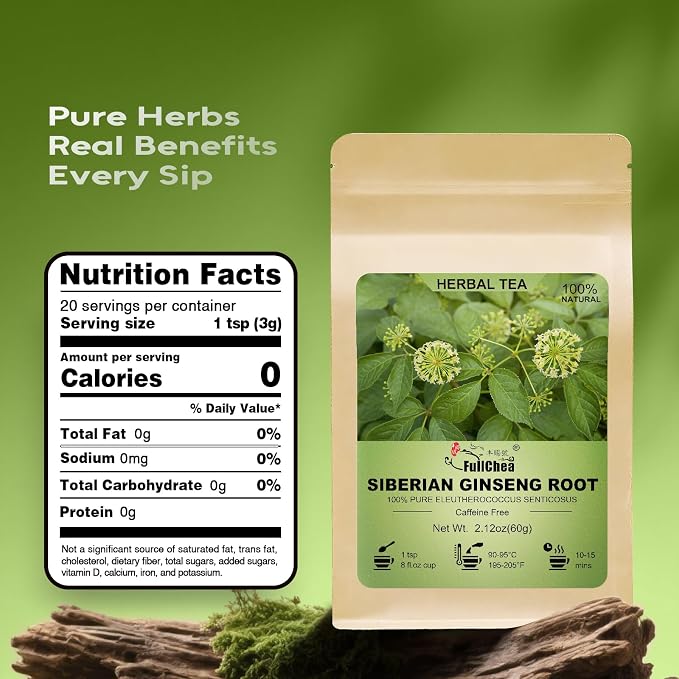 FullChea - Siberian Ginseng Root, 2.12oz/60g - Premium Eleuthero Senticosus Tea - Cut & Sifted, Naturally Grown Herbal Tea - Support Wellness - Caffeine-Free