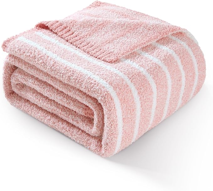 Snuggle Sac Ultra Soft Throw Blanket, Pink, 50"x60" | Reversible, Cozy Knitted Ribbed, Fuzzy Knit Striped, For Couch, Sofa, Bed, Home Decor