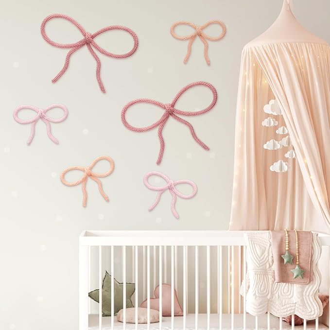 Barydat 6 Pcs Pink Bow Wall Decor Girls Coquette Nursery Decoration Room Decor Hanging 2 Size Woven Bowknot Shaped Wall Art Pink Preppy Decoration for Girls Living Room Dorm