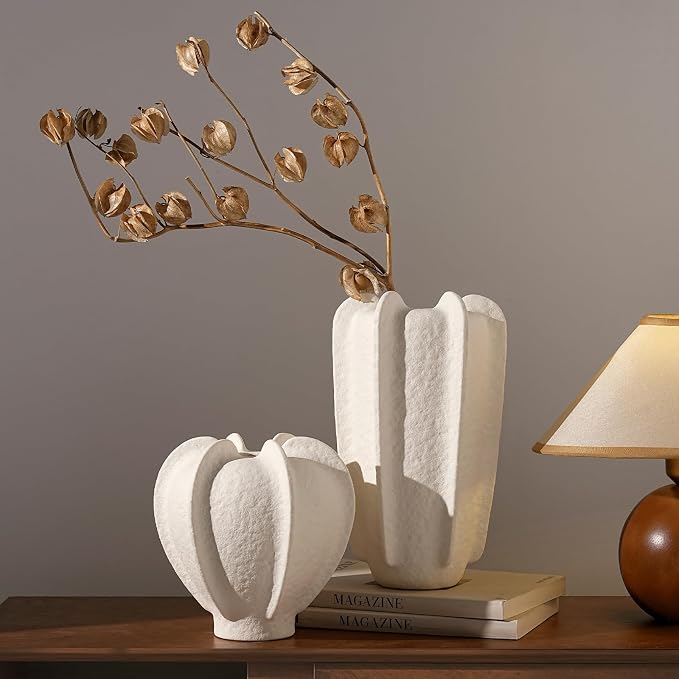 Ceramic Flower Vase Home Decor,9.1" Rustic Vintage Starfruit Shaped Beige Terracotta Vases，Modern Boho Living Room Farmhouse Table Vases Living Room Decor，Shelf Coffee Dining Desk Fireplace