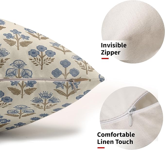 Brown Blue Floral Pillow Covers 12x20 Inch Set of 2, Block Print Lumbar Flower Cream Decorative Throw Pillowcases Outdoor Farmhouse Rectangle Cushion Covers Spring Summer Sofa Couch Bed Decor