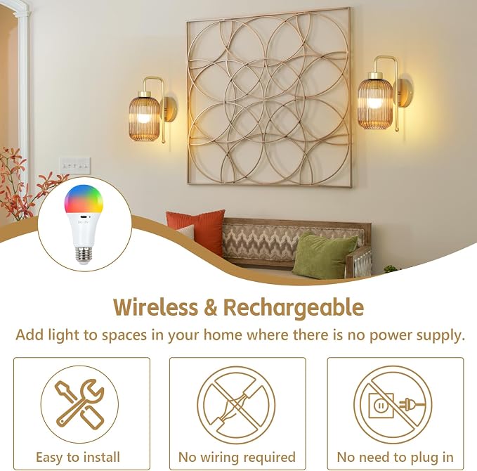 LAMSU Vintage Gold Wireless Wall Sconces Battery Operated, Rechargeable Wall Lights Set of 2 with Amber Stripe Glass Shade, Remote and Bulb, Cordless Sconces Wall Decor for Bedroom Living Room