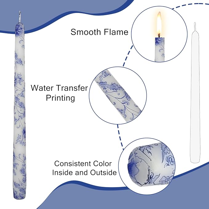 Printed Taper Candles 10 INCH Handmade Candles Unscented Smokeless Candlesticks Blue and White Porcelain Pattern Candle for Home Wedding Dinner Holiday Party