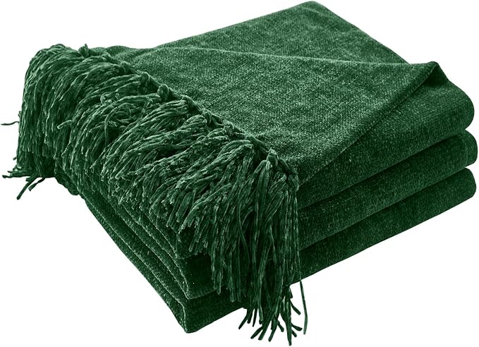 CozeCube Chenille Throw Blanket, Christmas Green Fringe Blanket, 50"X60" | For Couch, Cozy Plush Fuzzy Decorative Blanket with Fringe Tassels, Lightweight Throws for Bed Sofa Gift Home Decor