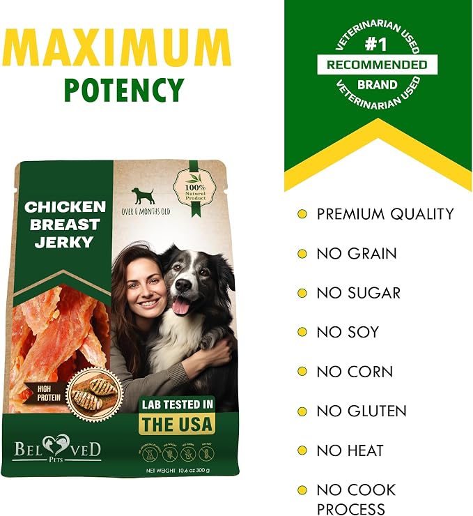 Beloved Pets Dog Treats Chicken Jerky Breast - Human Grade Meat Sticks - Natural Pet Dried Snacks Rawhide - Free - Long Lasting Chews for Large & Small Dogs (10.6 oz (Pack of 1), Chicken Jerky Breast)