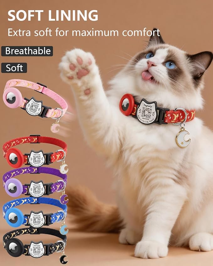 Smart QR Code Cat Collar with Built-in AirTag Holder, Breakaway Adjustable Kitten Collar with Stars and Moon & Glow Pendant, Safety Pet ID Collar for Cats(Red)