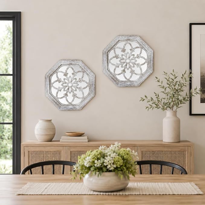 2 Pack 12 Inch Octagon Grey Rustic Wood Frame Acrylic Wall Mirrors, Farmhouse Boho Wall Art Decor for Living Room, Bedroom, Hallway, Entryway, Bathroom & Office