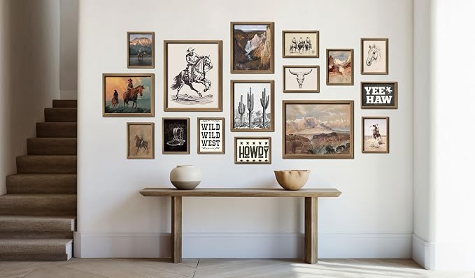 ANERZA 16 PCS Framed Western Wall Art Decor, Southwestern Gallery Wall Frame Set Prints for Bedroom Bathroom, Cowboy Posters for Living Room Aesthetic, Dorm Home Artwork Collage Kit