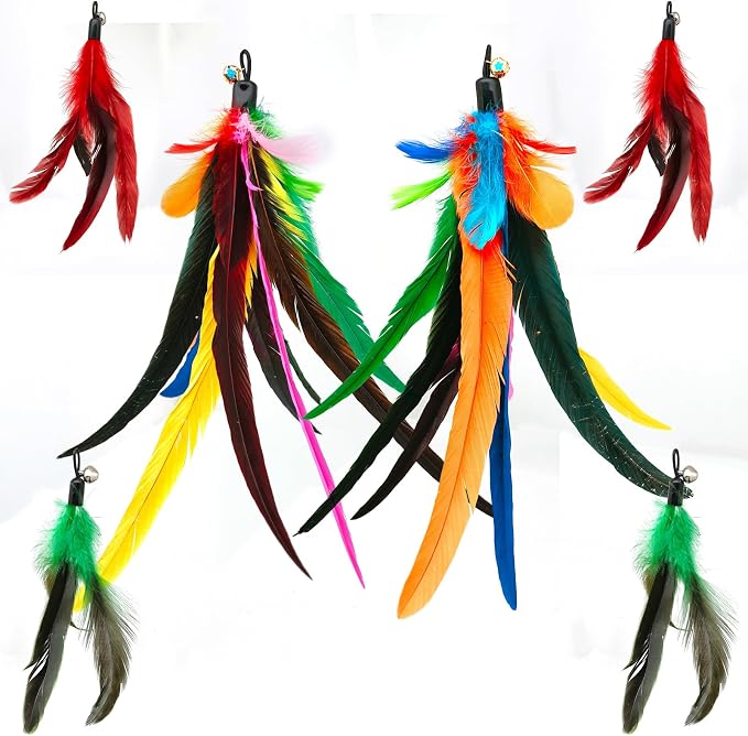miwoowim 6PCS Cat Wand Toy Refills: 2 Extra-Large & 4 Standard Feathers | Handcrafted Da Bird feathers with bells for allure. Non-toxic, durable, and compatible with most standard teaser wand toys