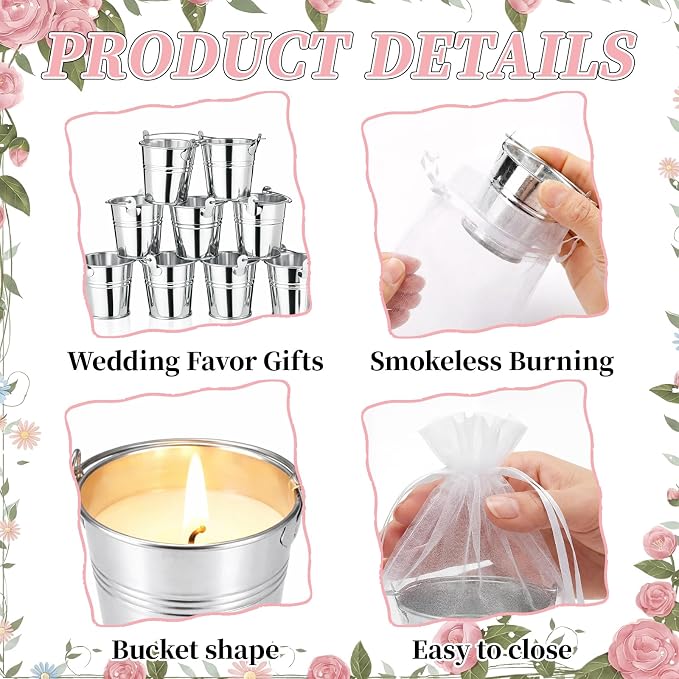 Lounsweer 36 Set Citronella Scented Candles Gifts Bulk with Mini 1.8 oz Metal Buckets Aromatherapy Candles Thank You Cards Hemp Rope White Organza Bags for Bridal Wedding Baby Shower Party Favor Guest