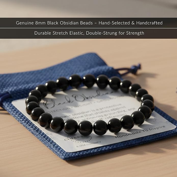 Cherry Tree Collection – Handmade Crystal Bracelets with Black Obsidian, Tiger’s Eye and 6 Other Gemstones for Men & Women – 8mm Beaded Bracelet for Healing, Protection & Positive Energy–Sizes S/M/L