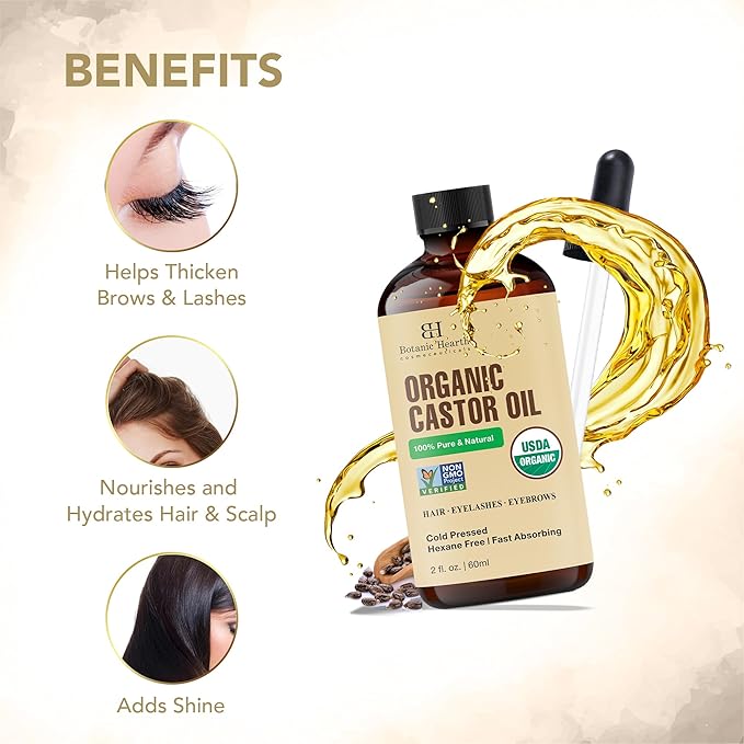 Botanic Hearth Castor Oil Organic for Hair, Lashes, Face (2oz), 100% Pure, Cold Pressed, Hexane Free Hair Oil, Lash Serum for Thicker-Looking Eyelashes & Eyebrows
