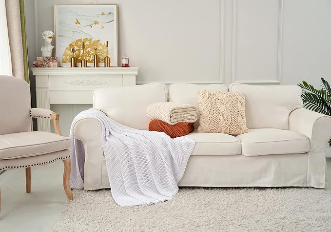 Chunky Cable Knit Throw Blanket Lightweight White 100% Organic Cotton Blanket for Sofa Couch Bed Baby Nursery, Rustic Shabby Chic Modern Farmhouse, Pure White 60” x 80” Give Laundering Bag