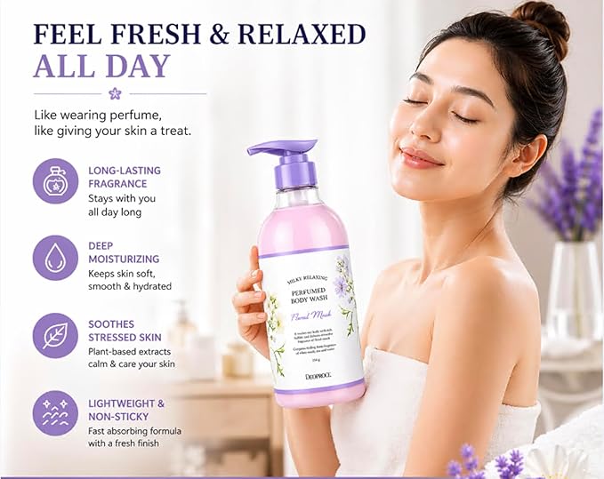 Deoproce Milky Relaxing Perfumed Body Wash 25.36 OZ Floral Musk Lightweight Cleansing Body Wash with White Musk Iris Violet Scent for Daily Body Care
