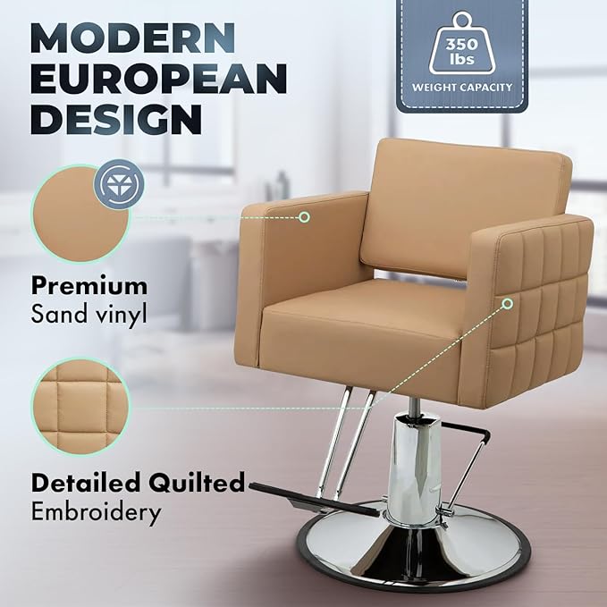 Buy-Rite Icon Styling Chair for Professional Salons & Barbers, Wide Quilted Seat, Durable Steel Frame, One-Piece Foam Cushion, Adjustable Hydraulic Pump, Easy-to-Clean Design, YLG-192 (Sand)