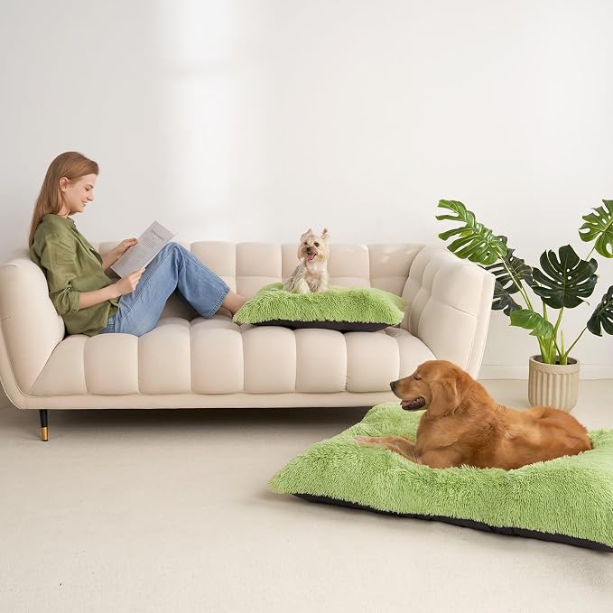 EHEYCIGA Fluffy Dog Crate Bed, Plush XX Large Dog Pillow, Green | Xlarge Calming Anti Anxiety Plush Faux Fur Mat for Large size dogs, Washable Soft Warm Dog Pad with Non-Slip Bottom
