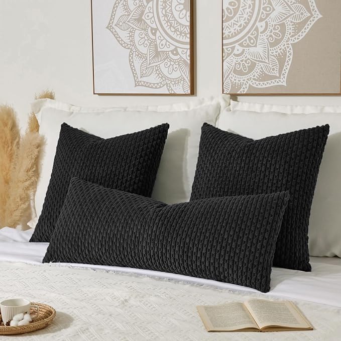 Kevin Textile Soft Corduroy 14"x36" Lumbar Pillow Cover 1 Pack, Black | Boho Stripe Plush Corduroy Decorative Oblong Cushion Cover Modern Farmhouse Home Decor for Sofa Couch Bed Chair