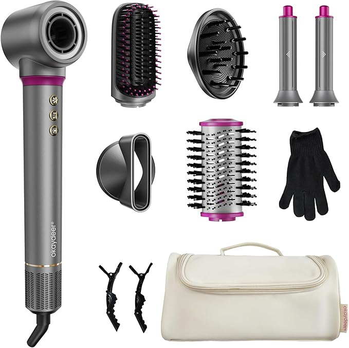 okaydeer 7 in One Hair Dryer with Auto Wrap Curlers, Negative Ionic, No Heat Damage, Blow Dryer Brush, Fast Drying & Frizz-Free Styling, Hot Air Styler, Straightener&Volumizing Brush with Storage Bag