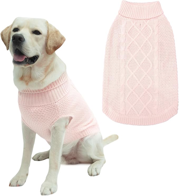 Mihachi Turtleneck Dog Sweater - Winter Coat Apparel Classic Cable Knit Clothes with Leash Hole for Cold Weather, Ideal Gift for Pet in New Year Rosy Medium