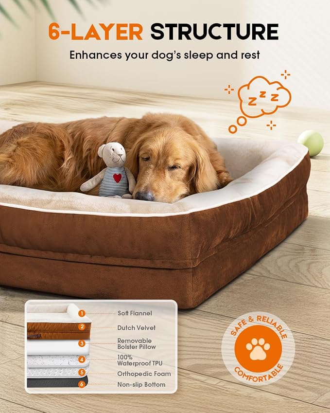 Upvilla Orthopedic Dog Bed, Four-Sided Small Dog Sofa, Washable Cover Brown | Removable Waterproof Dog Bed Cover, Egg-Crate Orthopedic Foam, Built-In Carry Handle, Indoor Small Pet Beds, Cat Beds