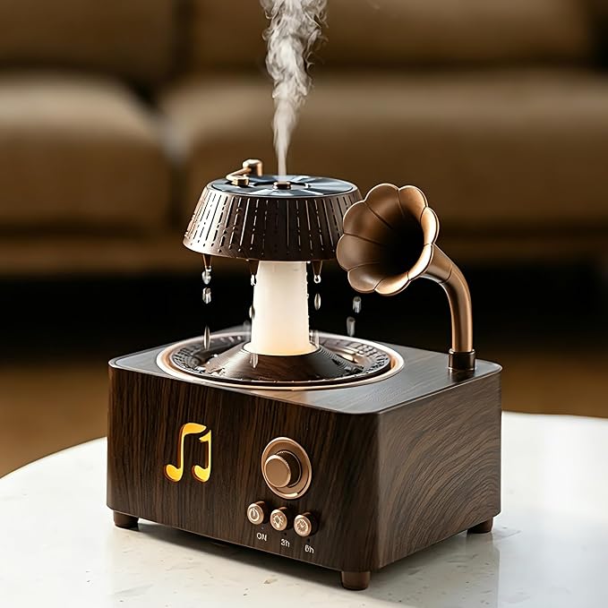 Vintage Record Player Essential Oil Diffuser 250mL Aromatherapy Diffuser with LED Light & Fragrance Diffusion, Quiet Humidifier for Home Bedroom Office Yoga, Retro Decor Air Freshener Machine