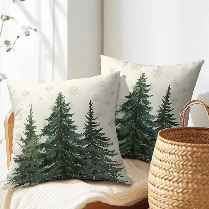 Kawani Winter Pine Forest Pillow Covers 22x22 Inches, Set of 2 Seasonal Snowflakes Birch Trees Cotton Linen Pillow Cushion Case for Sofa Couch Bed Christmas Holiday Home Decor