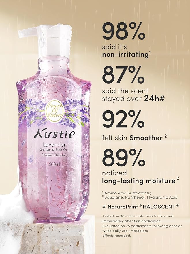 Kustie Lavender Petal Body Wash – With 450 Real Provence Petals, Tea Tree Oil, Squalane & Hyaluronic Acid | Acne-Fighting, Calming & Hydrating Cleanser | Vegan, Sulfate-Free | 16.9 Fl Oz