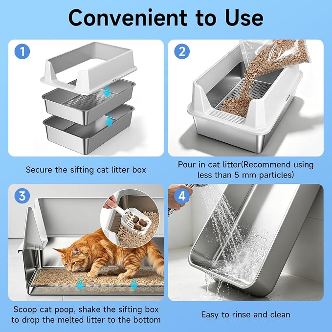 Stainless Steel Sifting Cat Litter Box for Pine Pellets, Light Gray | Sifting Design, Double Layer Mesh System, With High Sides, Non-Stick Surface, Easy Clean, for Large Cats