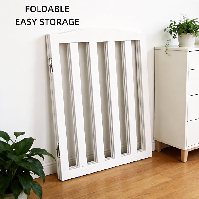 ZJSF Foldable Freestanding Indoor Dog Gate for House Wood White Long Pet Gates Dog Fence for Stairs Puppy Gates for Hallways,Pet Fence, Puppy Gate,Support Feet Included 32 "Height-2 Panels