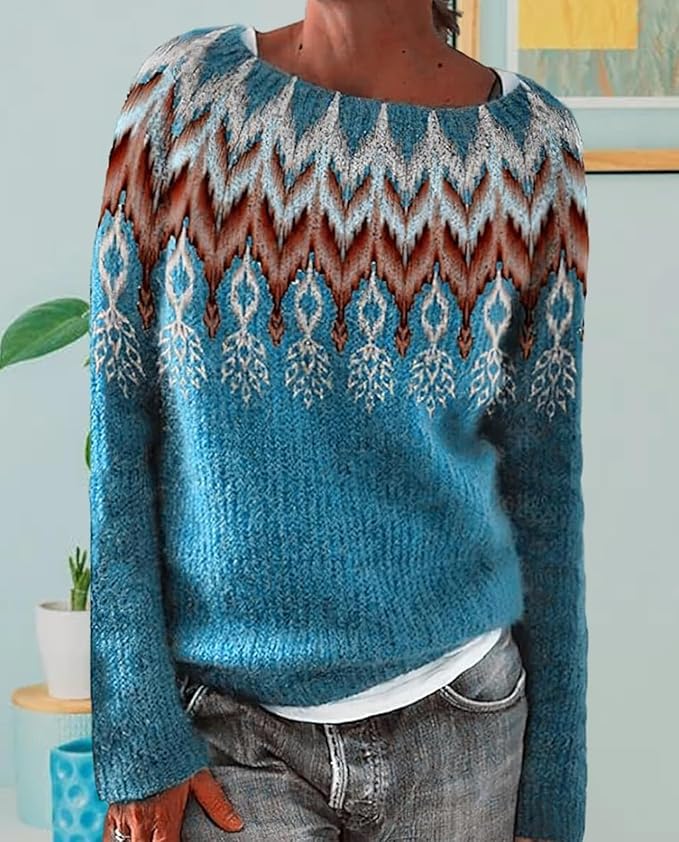 Zhyaj Fair Isle Sweater for Womens Winter Long Sleeve Vintage Knitted Sweater Casual Fall Crew Neck Pullover Sweaters