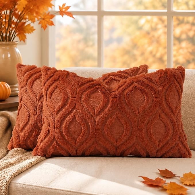 decorUhome Faux Fur Plush Soft Rust Throw Pillow Covers 12x20 Set of 2 | Plush Solid Fall Couch Pillow Covers, Accent Modern Farmhouse Neutral Decorative Square Pillow Cases for Sofa Bed Living Room