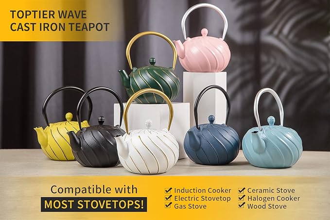 Stovetop Tea Kettle, TOPTIER Japanese Cast Iron Tea Kettle with Infuser for Loose Leaf and Tea Bags, Cast Iron Teakettle Coated with Enameled Interior for 40 oz (1200 ml), Midnight Black