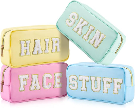 Preppy Makeup Bags Chenille Letter Stuff Bag Nylon Cosmetic Pouch Cases with Zipper for Women Travel Toiletry(Pastel Color,Classic,4 Pcs)