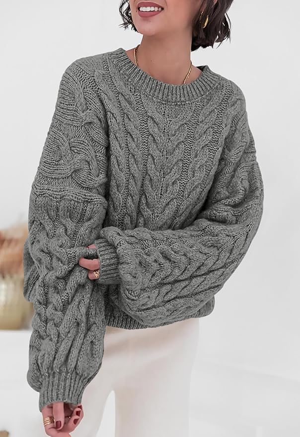 PRETTYGARDEN Womens Sweaters Spring 2026 Cable Knit Long Sleeve Crewneck Oversized Sweater Chunky Pullover Loose Outfits