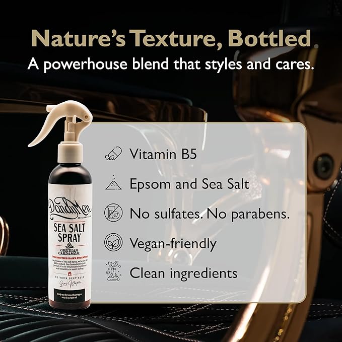 DandyMen Sea Salt Spray – Lightweight Texture, Volume, and Flexible Hold with Epsom Salt & Pro-Vitamin B5 (8.45 oz, Obsidian Cardamom)