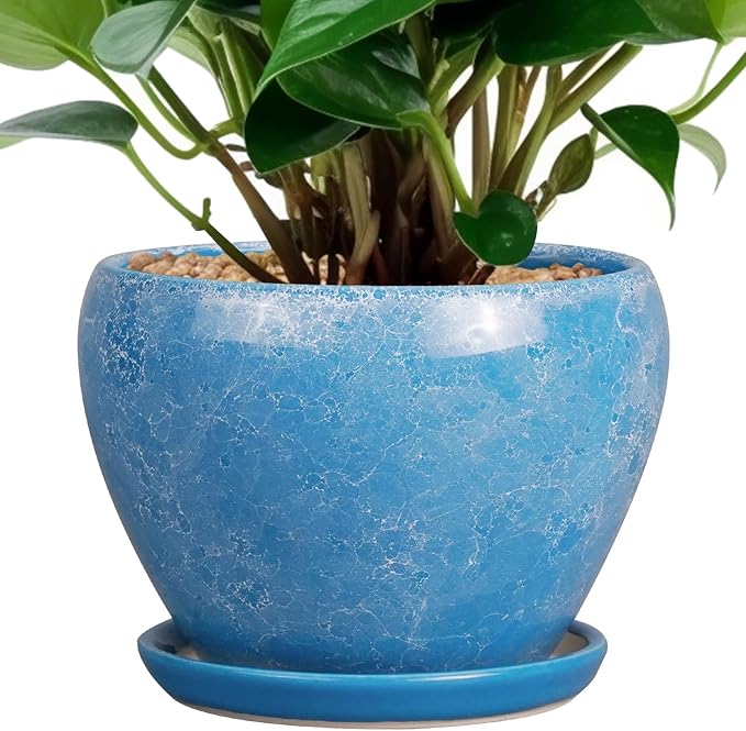 Ceramicfor 6 Inch Plant Pot - Ceramic Planter Pot with Drainage Hole and Saucer, Glaze Succulent Pot Modern Round Flower Pot for Indoor Plants, Blue